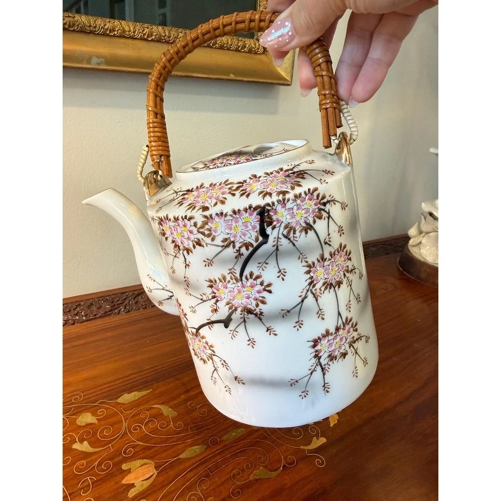 Vintage Cherry Blossom Teapot with Rattan Handle • Porcelain Floral Tea Pot‎